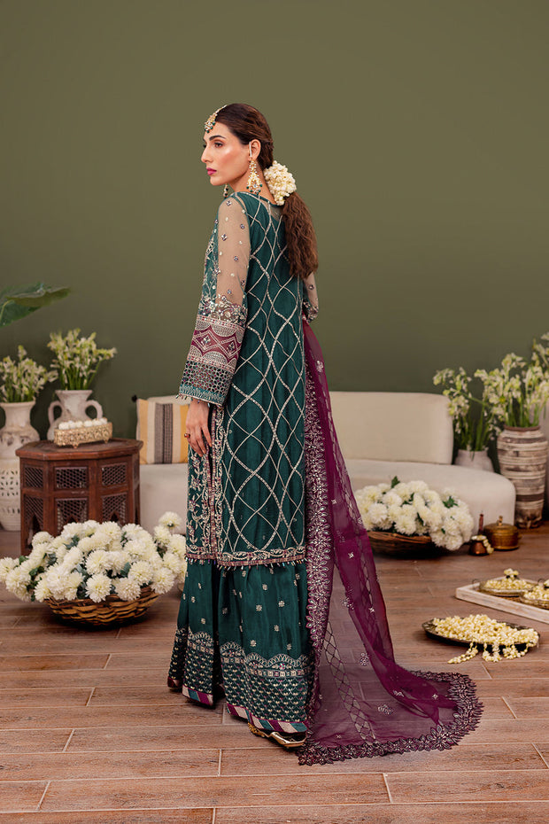 New Bottle Green Embroidered Gown Style Pakistani Wedding Dress Sharara 2023