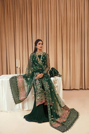 New Bottle Green Embroidered Open Gown Style Pakistani Wedding Dress