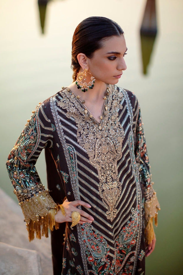 New Brown Heavily Embellished Pakistani Long Kameez Salwar Suit Dupatta