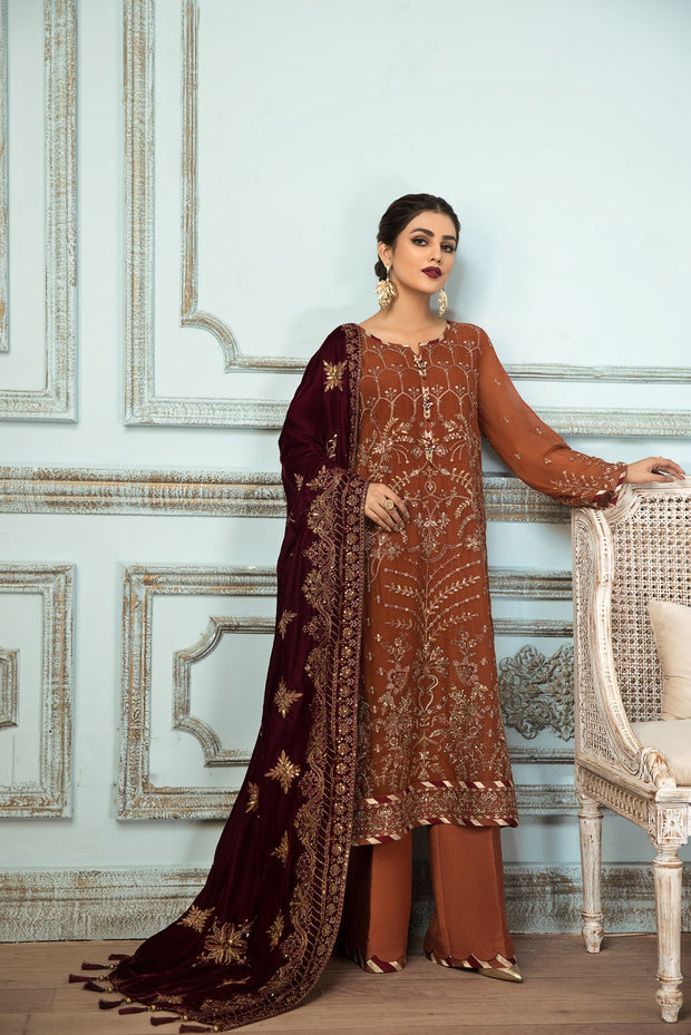 New Caramel Brown Embroidered Pakistani Long Frock Dupatta Party wear 2023