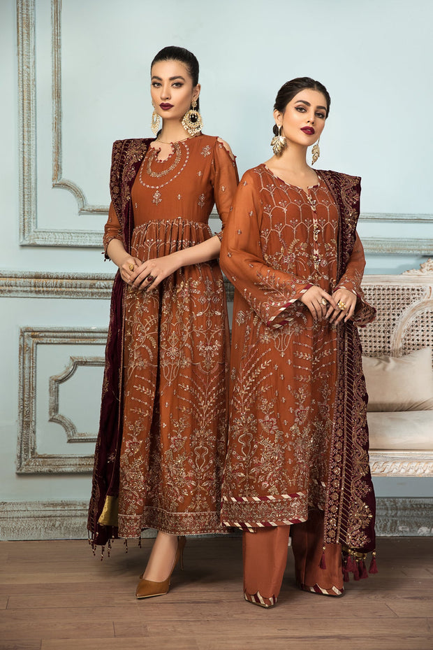 New Caramel Brown Embroidered Pakistani Long Frock Dupatta Party wear