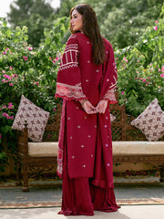 New Cherry Red Embroidered Pakistani Crushed Sharara kameez with Dupatta