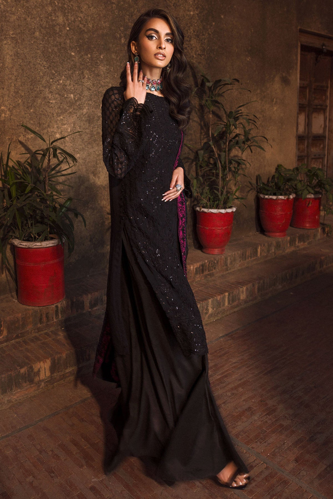 New Classic Dark Black Embroidered Chiffon Pakistani Salwar Kameez