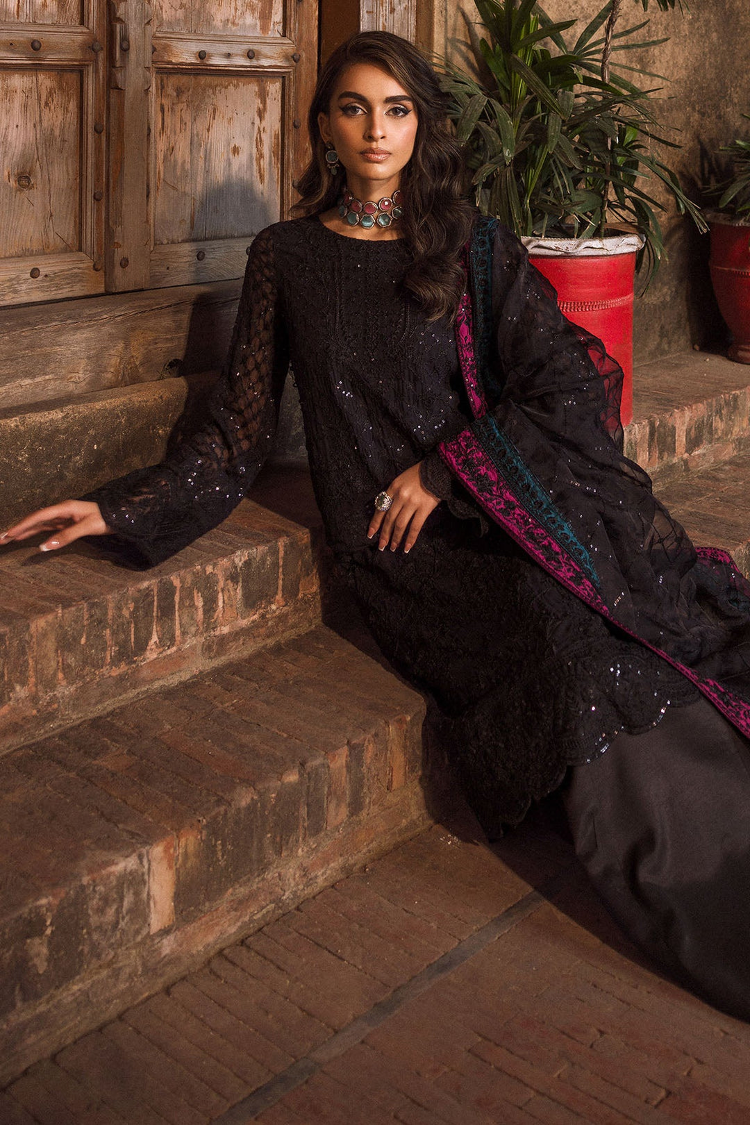 New Classic Dark Black Embroidered Chiffon Pakistani Salwar Kameez 2024