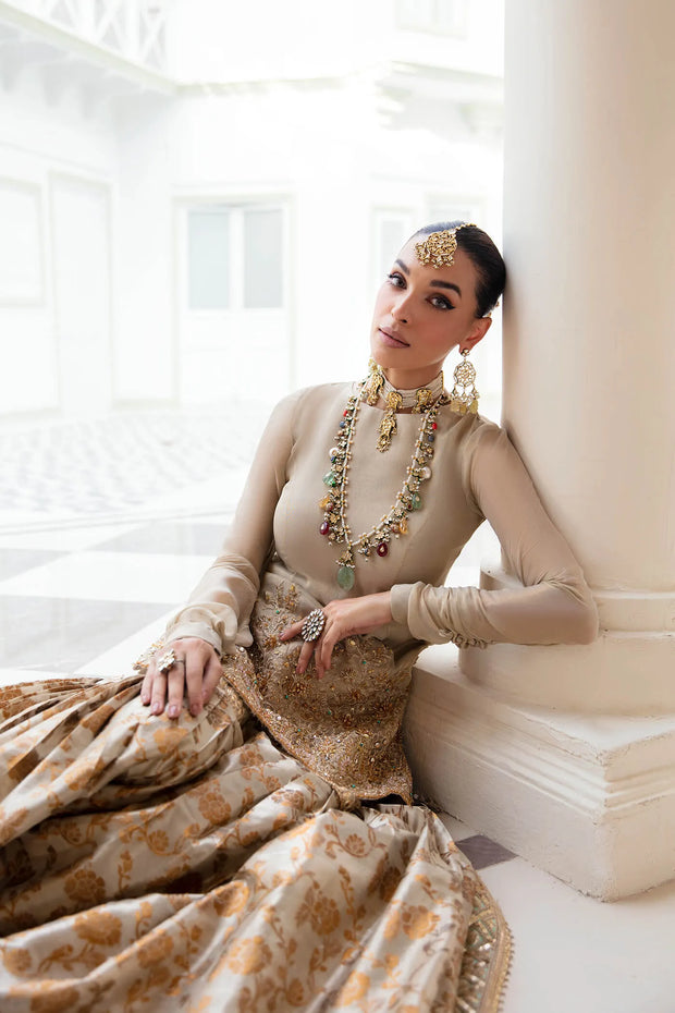 New Classic Gold Embroidered Pakistani Wedding Dress Kameez Sharara Style 2023