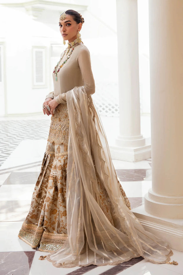 New Classic Gold Embroidered Pakistani Wedding Dress Kameez Sharara Style