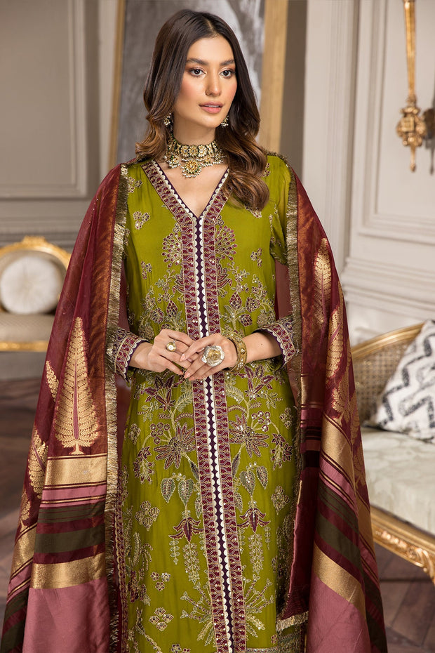 New Classic Mehndi Green Pakistani Embroidered Gown Style Wedding Dress 2023