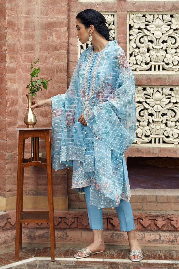New Classic Sky Blue Embroidered Pakistani Salwar Kameez with Dupatta