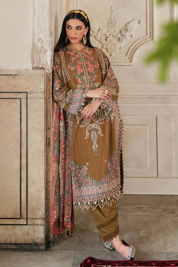 New Classical Embroidered Ocher Pakistani Kameez Salwar Suit with Dupatta