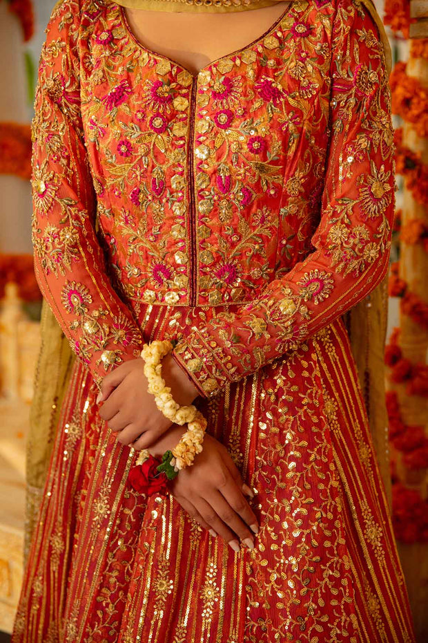 New Coral Pink Embroidered Pakistani Wedding Dress Pishwas Frock Style