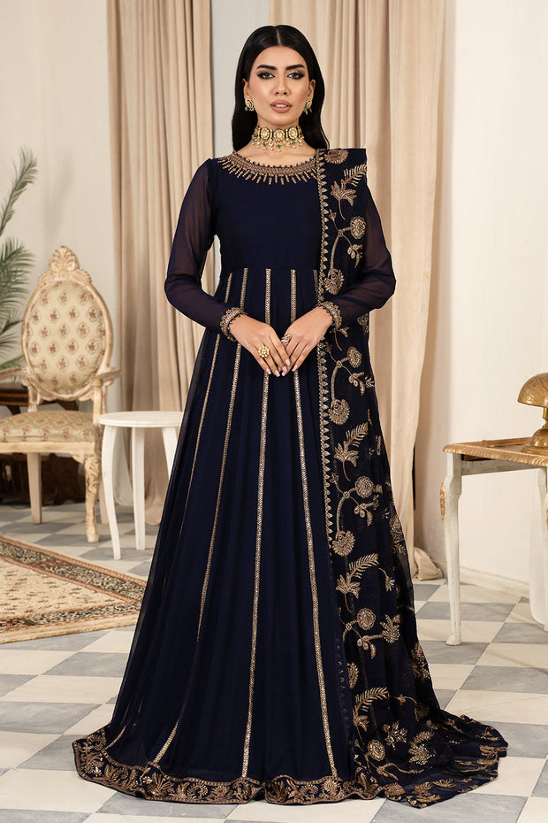 New Deep Indigo Shade Pakistani Party Wear Kalidar Long Frock Pishwas 2024