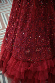 New Deep Red Heavily Embellished Pakistani Wedding Dress in Pishwas Style 2023