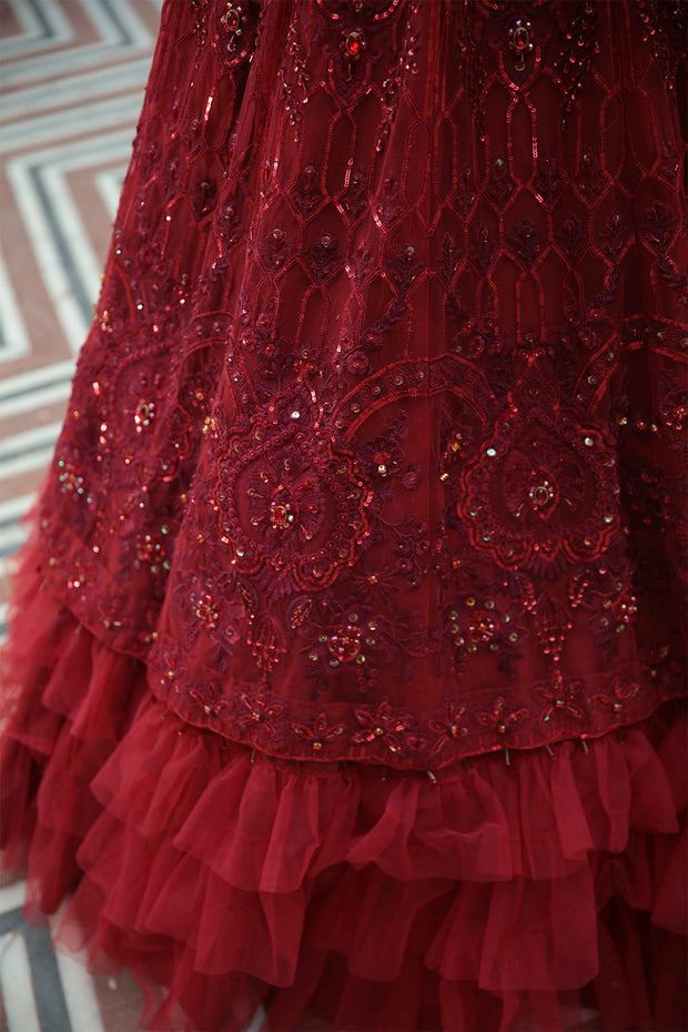 New Deep Red Heavily Embellished Pakistani Wedding Dress in Pishwas Style 2023