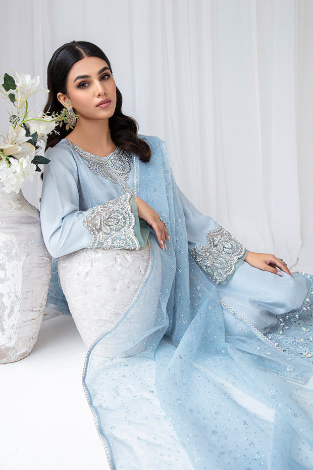 New Elegant Ice Blue Embroidered Pakistani Salwar Kameez Dupatta Suit 2023