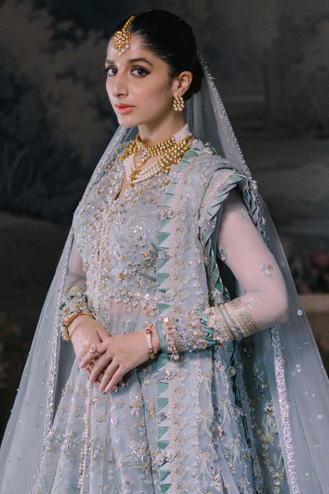 Elegant Ice Blue Pakistani Wedding Dress Gown Pishwas SMALL Elegant Ice Blue Pakistani Wedding Dress Gown Pishwas SMALL