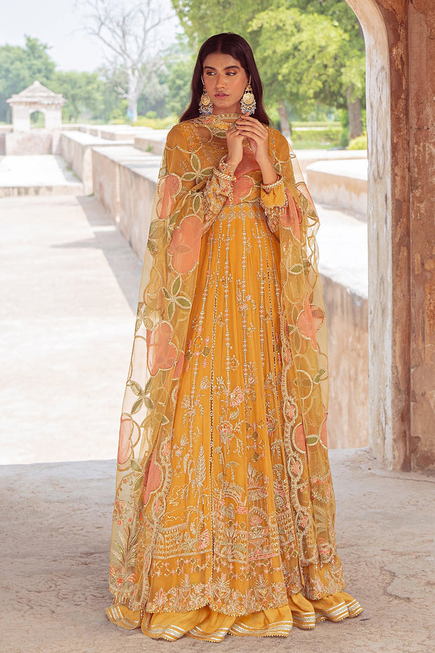 New Elegant Mustard Floral Embellished Pakistani Wedding Dress in Frock Style