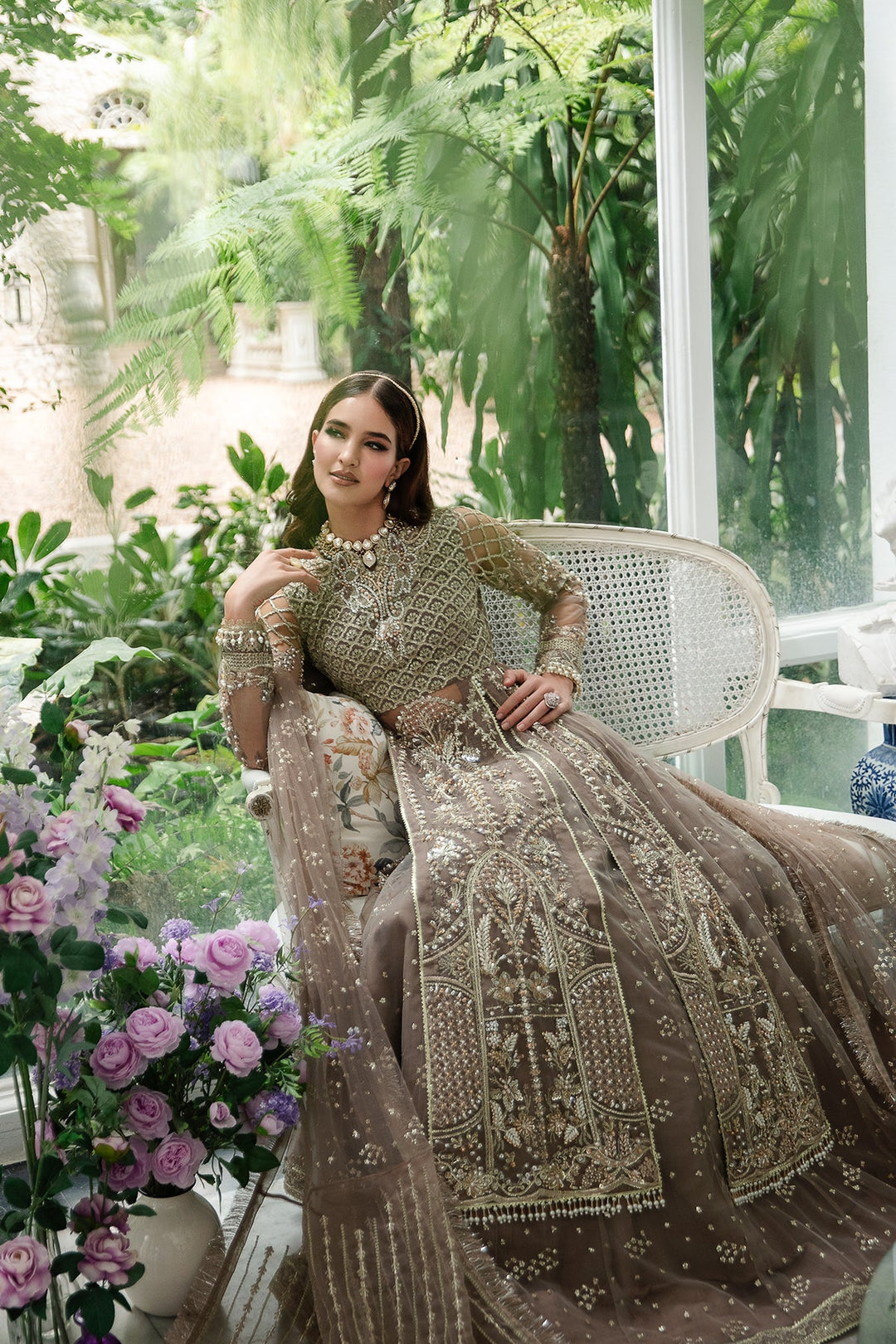 green emerald velvet dress Olive Green Chiffon Embroidered Pakistani Style Suit main image 1