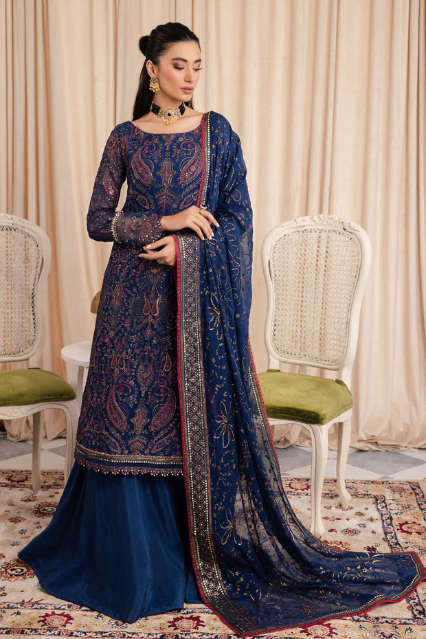 New Elegant Royal Blue Pakistani Salwar Suit in Kameez Palzo Style 2024