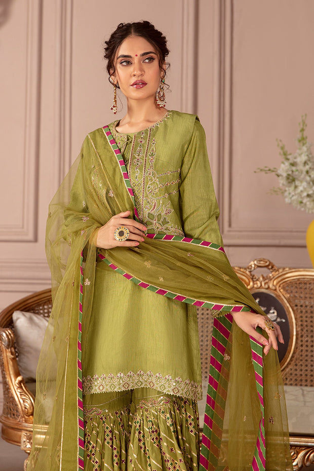 New Embroidered Mehndi Green Pakistani Kurti Sharara Party Dress