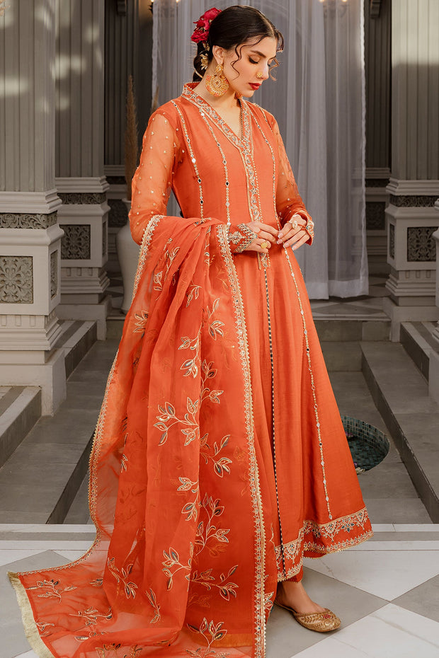 New Embroidered Orange Pakistani Long Frock with Dupatta Party Dress 2023