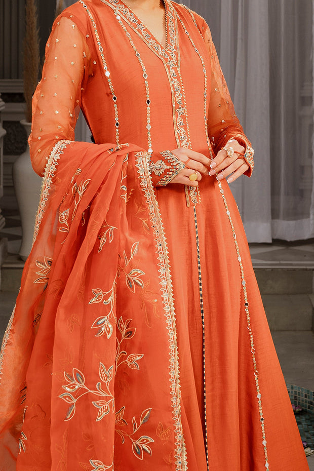 New Embroidered Orange Pakistani Long Frock with Dupatta Party Dress