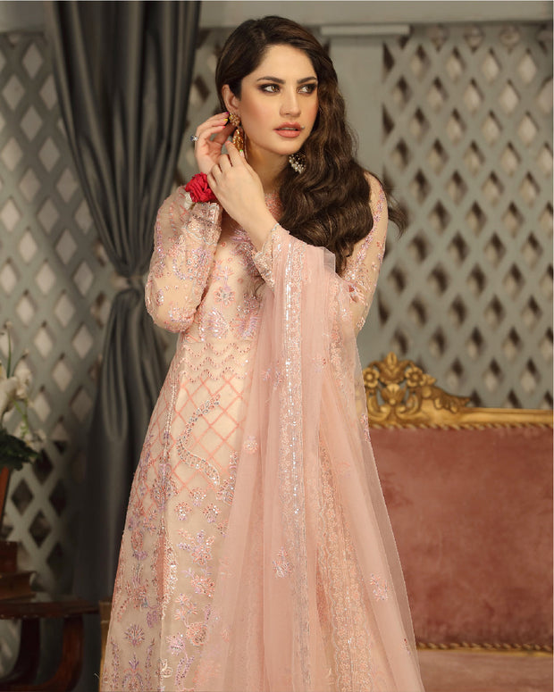 New Embroidered Pakistani Party Dress in Peach Pink Salwar Kameez Style