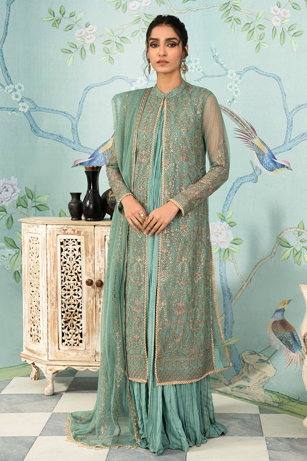 New Ferozi Embroidered Pakistani Party Wear Gown Style Sharara Kameez 2024
