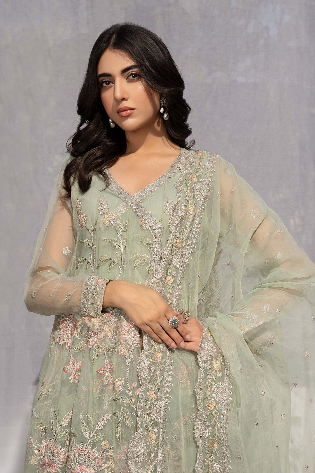 New Ferozi Shade Maria B Embroidered Pakistani Party Wear Frock