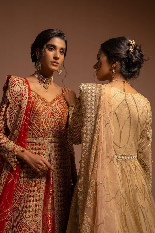 New Gold Embroidered Huge Flare Pakistani Pishwas Wedding Wear