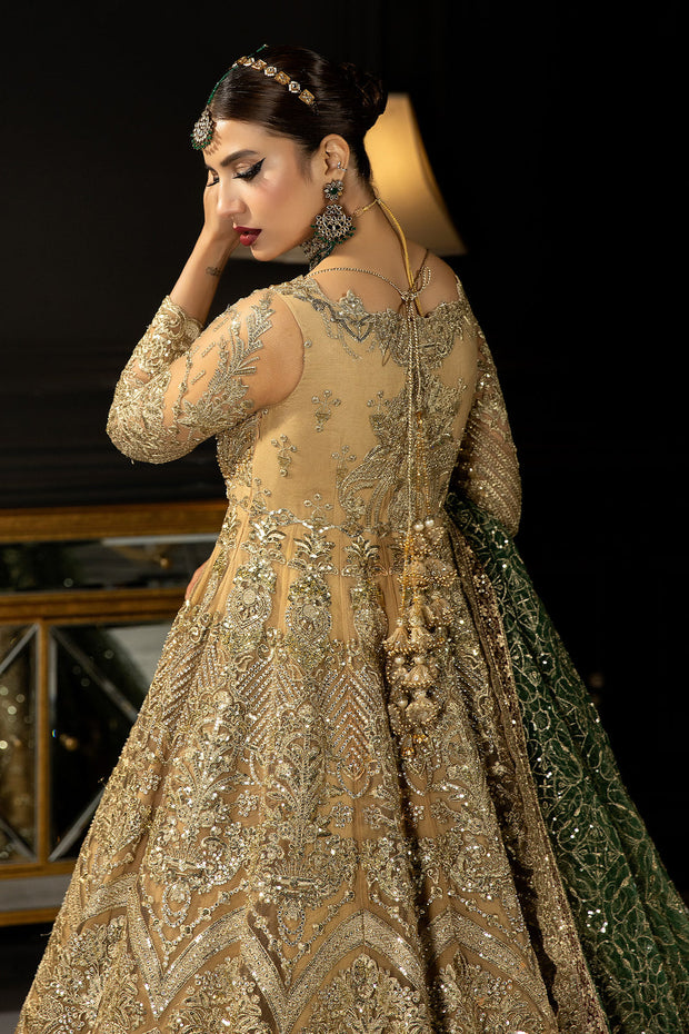 New Gold Shade Embroidered Pakistani Wedding Dress in Pishwas Frock Style 2023