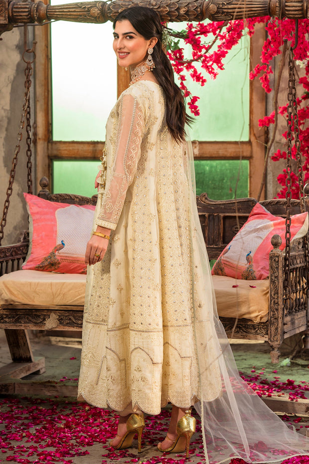New Gold White Heavily Embellished Angrakha Style Pakistani Party Dress 2023
