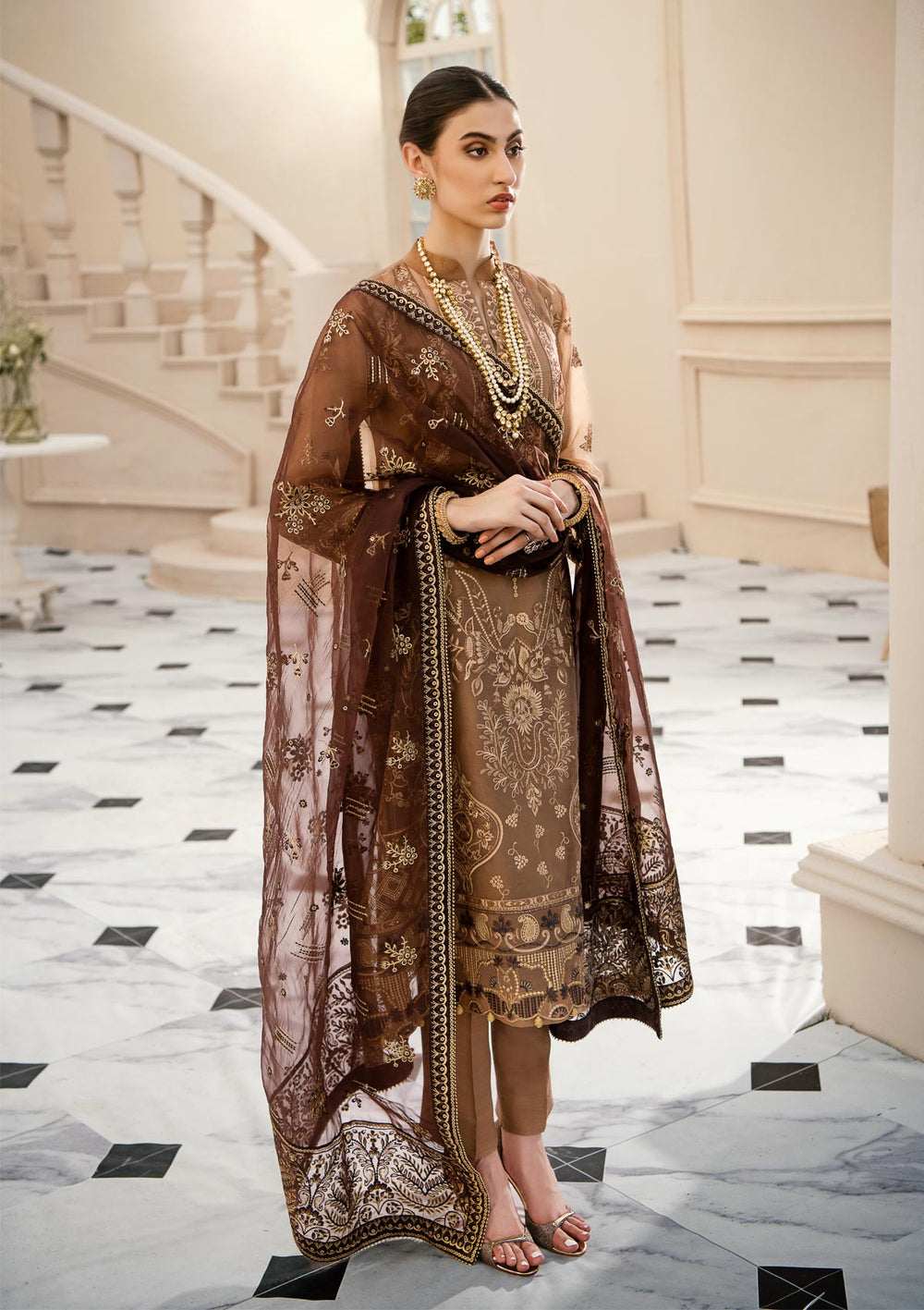 New Golden Brown Embroidered Pakistani Capri Style Salwar Kameez Dupatta