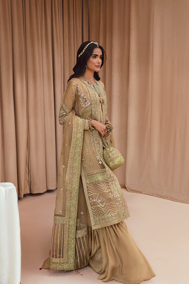 New Golden Embroidered Gown Style Shirt Crushed Sharara Wedding Dress