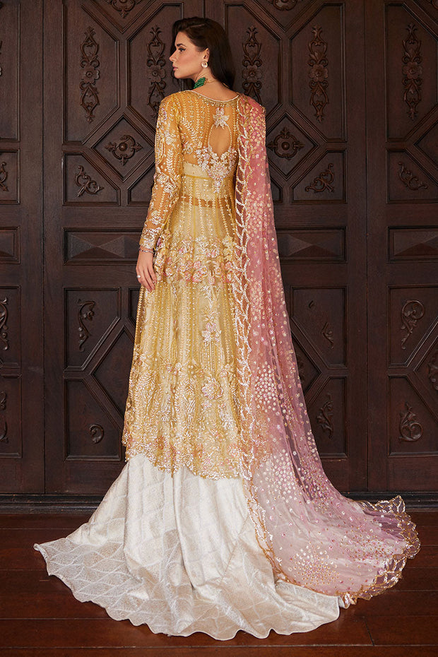 New Golden Yellow Embroidered Pakistani Wedding Dress Kameez Farshi Sharara 2023