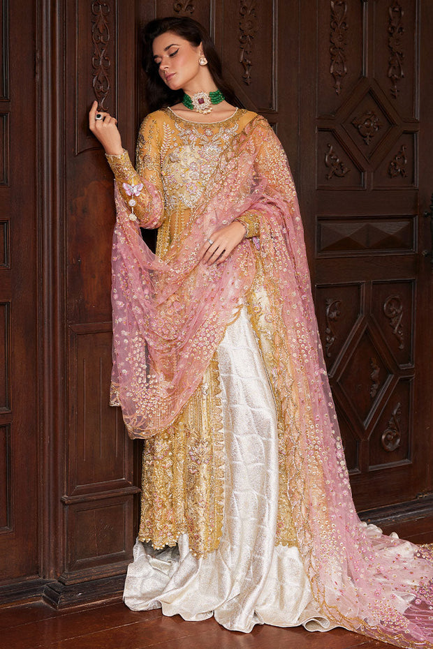 New Golden Yellow Embroidered Pakistani Wedding Dress Kameez Farshi Sharara