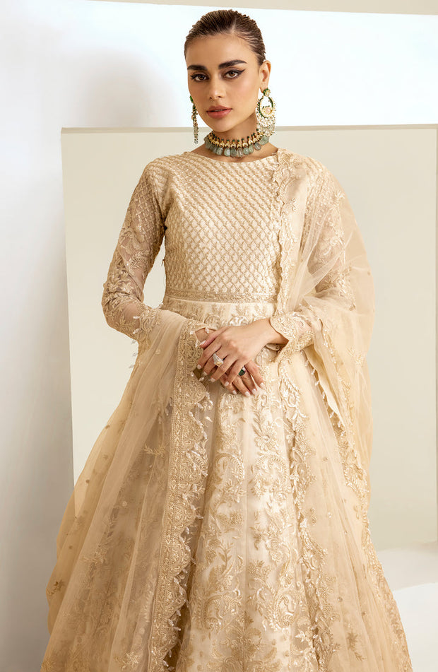 New Heavily Embellished Pakistani Wedding Dress Beige in Pishwas Style 2023