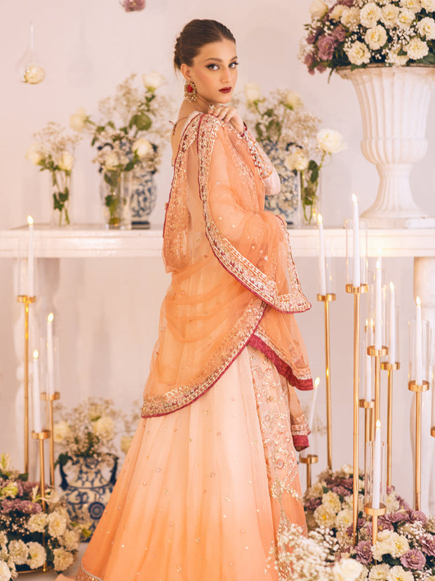 New Heavily Embellished Peach Pakistani Wedding Dress Pishwas Lehenga 2023
