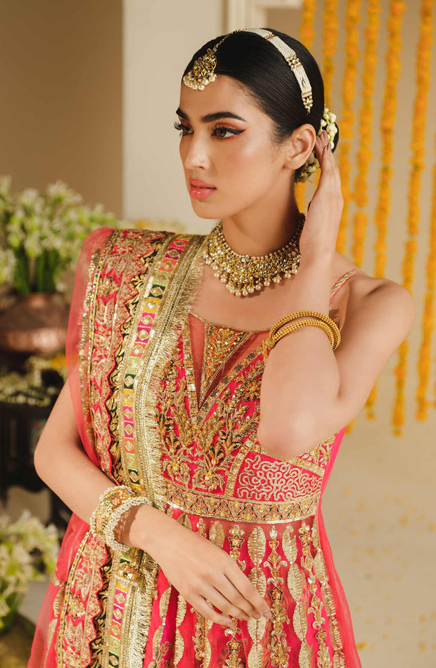 New Heavily Embellished Pink Double Layered Pishwas Pakistani Wedding Dress