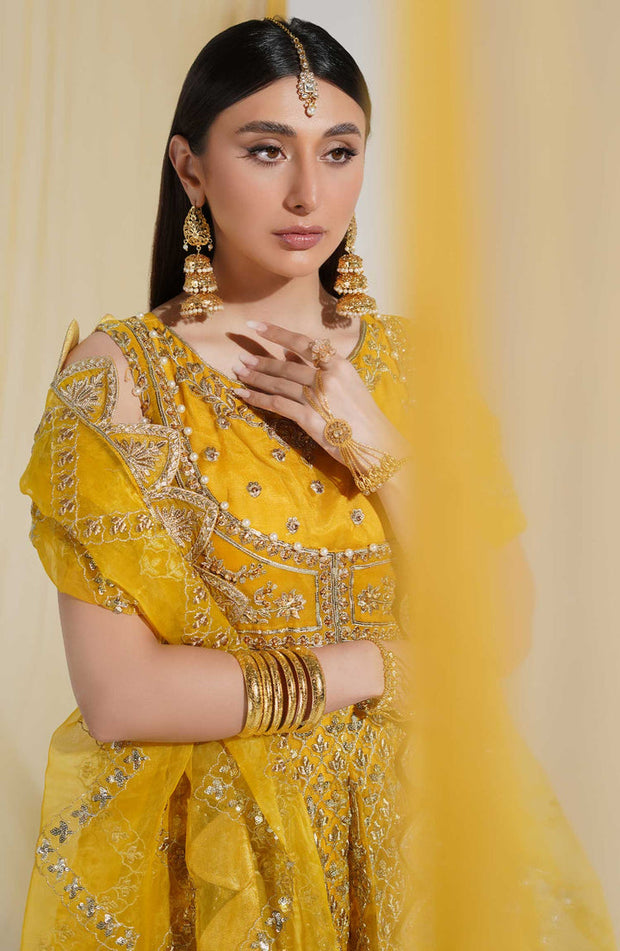 New Heavily Embroidered Yellow Pakistani Frock Mehndi Wedding Dress
