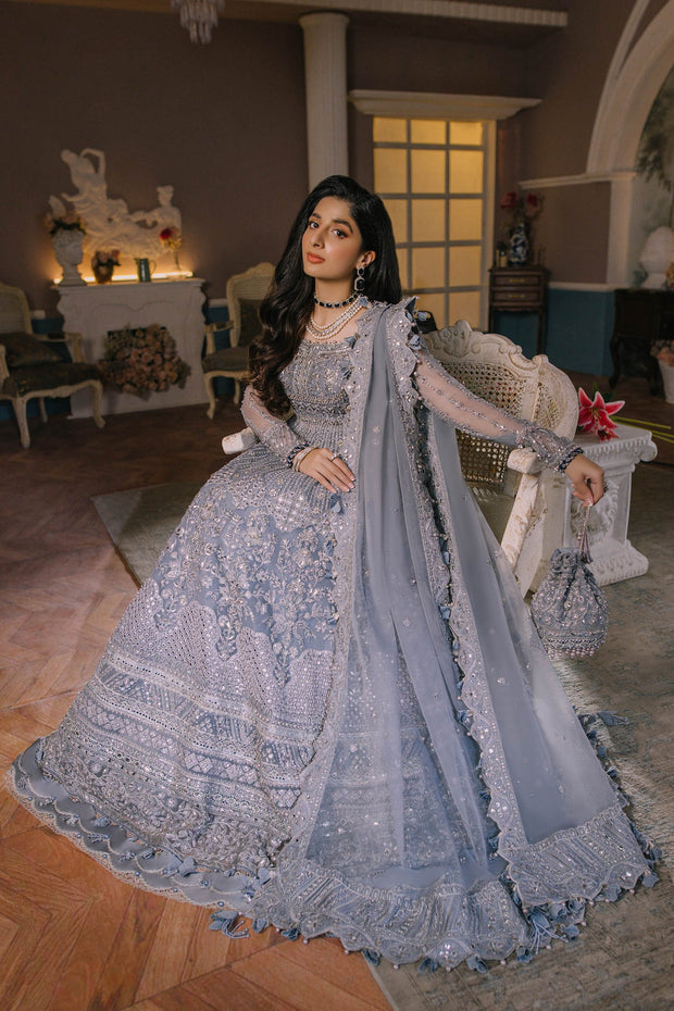 New Ice Blue Embellished Pakistani Wedding Dress in Kalidar Pishwas Style
