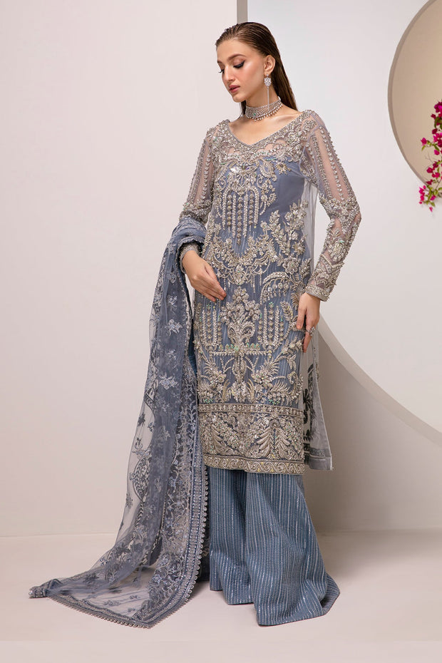 New Ice Blue Embroidered Pakistani Wedding Dress in Kameez Gaharara Style