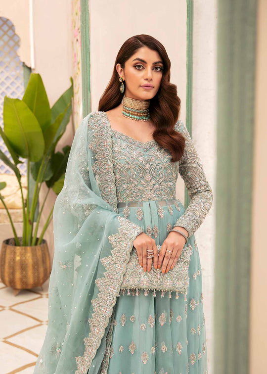 New Ice Blue Heavily Embellished Pakistani Wedding Dress Heavy Flare Pishwas 2023