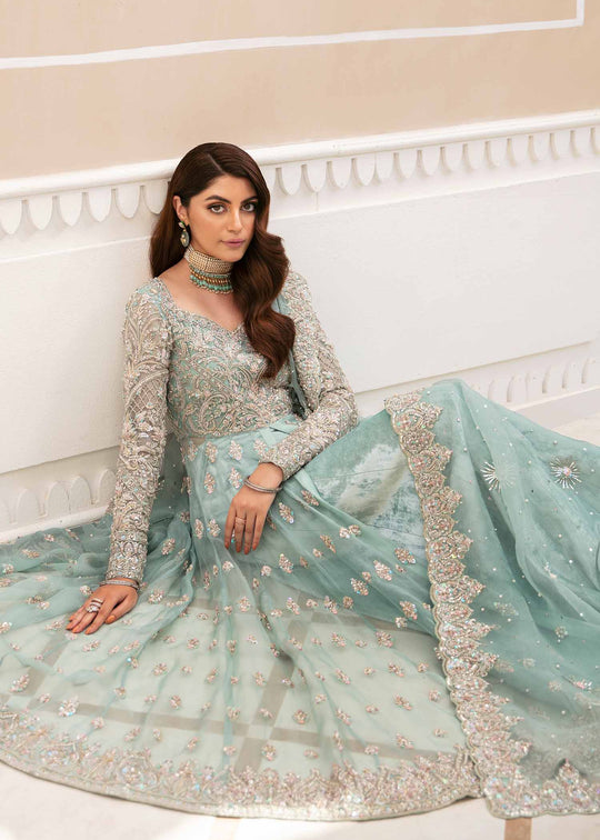 New Ice Blue Heavily Embellished Pakistani Wedding Dress Heavy Flare Pishwas