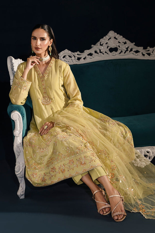 New Lemon Green Embroidered Pakistani Party Wear Frock Trousers Dupatta