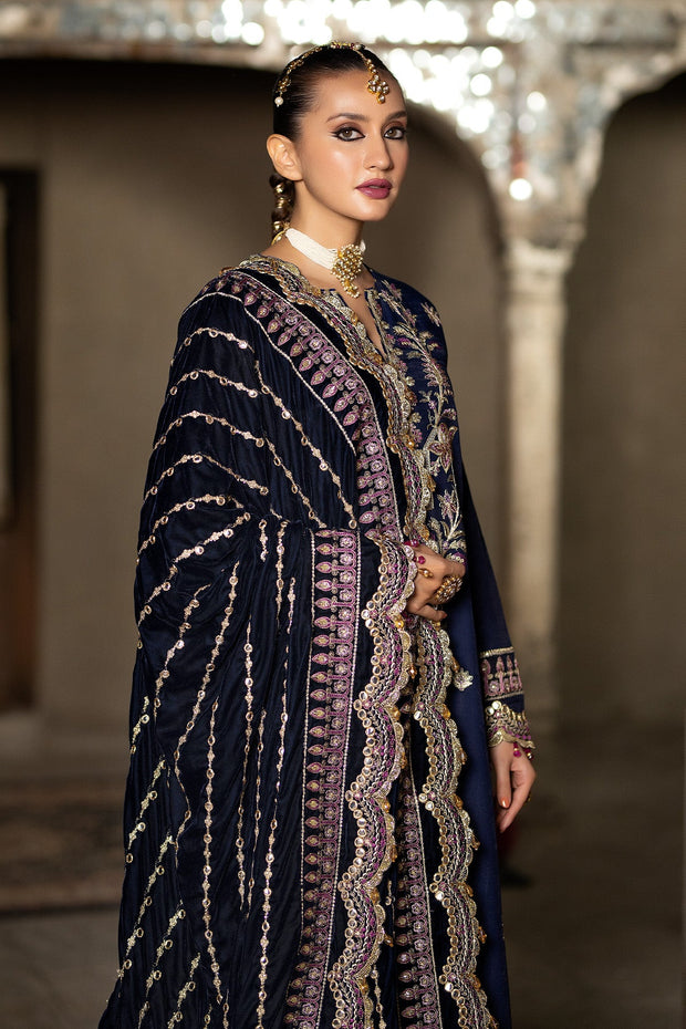 New Luxury Dark Blue Embroidered Pakistani Wedding Dress in Long Frock Style