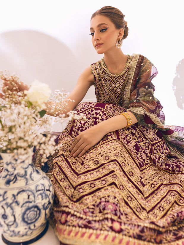 New Luxury Embellished Pakistani Wedding Dress Maroon Pishwas Style