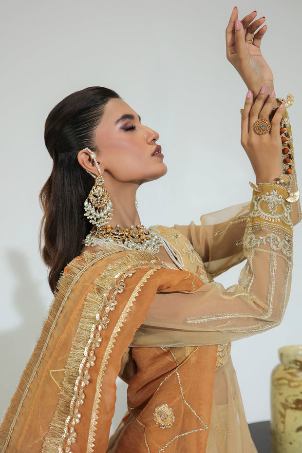 New Luxury Gold Floral Embellished Pakistani Wedding Dress in Pishwas Style 2023