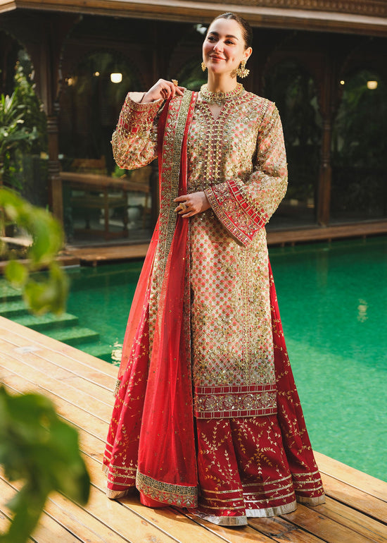 New Luxury Golden Floral Embroidered Pakistani Wedding Dress Kameez Sharara