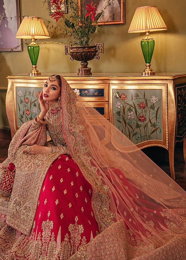 New Luxury Kameez Lehenga Gold Red Heavily Embellished Pakistani Bridal Dress
