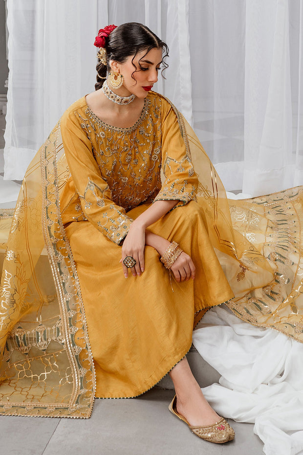 New Luxury Mustard Yellow Pakistani Embroidered Frock Party Wear